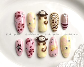 Y2K Tropical Press On Nails: 3D Monkey and Pink Hibiscus Flowers, Summer Nail Art