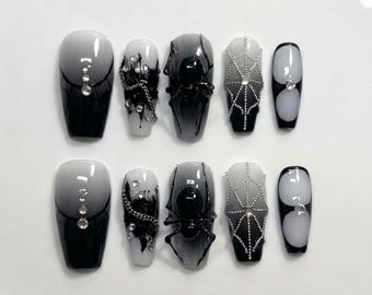 Spider Web Press On Nails: Gothic Ombre 3D Spider & Chains