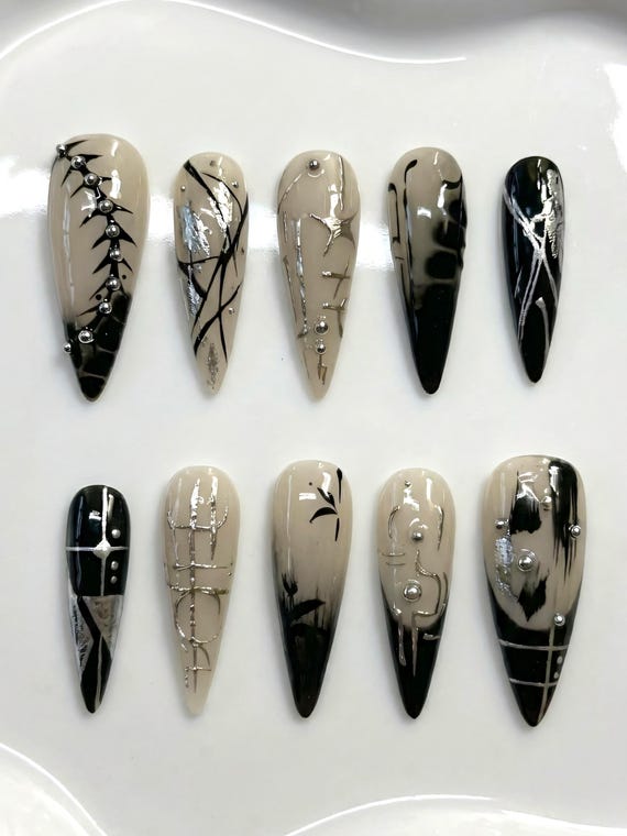 Cybercore Abstract Press On Nails: Silver Chrome, Grunge & Handpainted Art