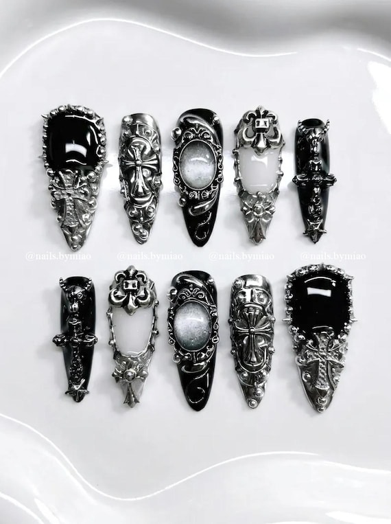 Gothic Armor Press On Nails: Black Silver Cross, Baroque Frame, Spiked Metal Art