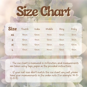 May include: A nail size chart displaying measurements in millimetres. Sizes XS to L are listed, with measurements for thumb, index, middle, ring, and pinky fingers. Instructions are provided for custom nail sizes.