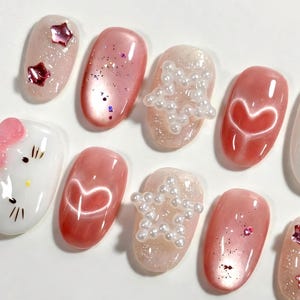 Pink Kitty Press On Nails: Kawaii Cat, 3D Star & Pearls image 2