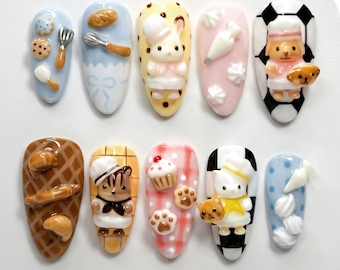 Bakery Animal Press On Nails: Chef Bear, Bunny & Sweet Kitchen Art
