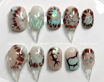 Sculptural Claw Press On Nails: Abstract Water Wave Design with Brown Ink Spots