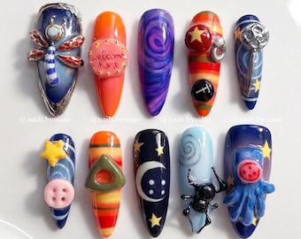 Night Forest Press On Nails: 3D Key, Dragonfly, Swirl, Star Charms