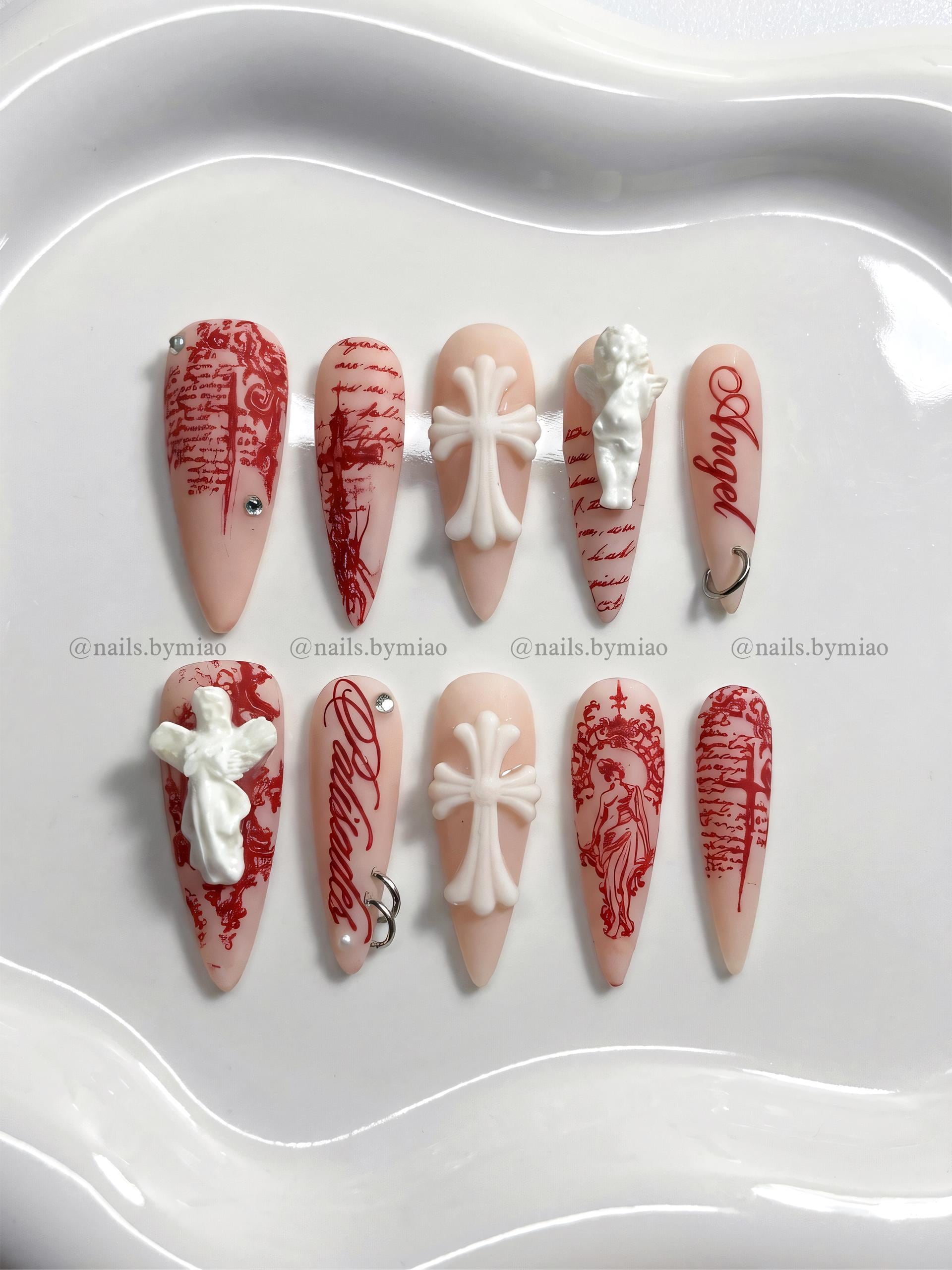 Renaissance Goth Press on Nails: Red Script Angel & Pierced Design - Etsy