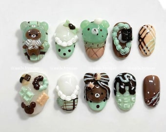 Kawaii Desert Press On Nail: 3D Bear, Chocomint & Ice Cream Nail Art