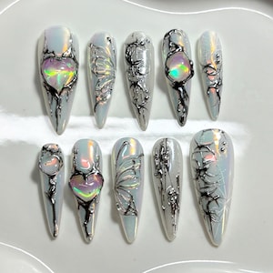 Cybercore Press On Nails: Pearlescent White, Opal Butterfly & Chrome Heart
