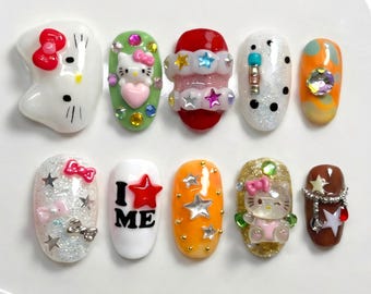 Y2K Gyaru Press On Nails: 3D Kitty, łańcuch gwiazdek i kolorowa brokatowa zabawka