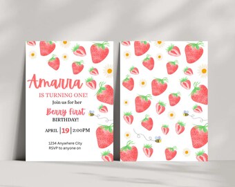 Editable Strawberry Birthday Invitation Bundle/ Girl Invitation/ Instant Download / Canva template / Printable Birthday Invitation