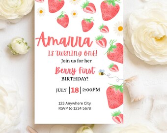 Strawberry Birthday Invitation | Editable Summer Berry Party Invite | Strawberry Theme Girl 1st Birthday | Instant Download Template