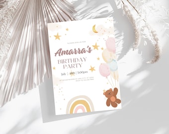 Editable Rainbow Pastel Bear Birthday Invitation Bundle/ Girl Invitation/ Instant Download / Canva template / Printable Birthday Invitation
