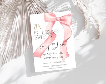 Sweet Sixteen Invitation, Editable sweet 16 Invite, Pink Ribbon, pink bow, 16th birthday, Printable, Digital Download, Canva Editable