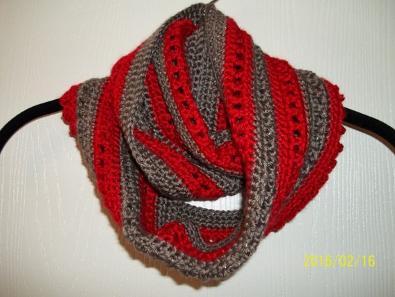 Handmade Crocheted Infinity Scarf Cowl Red Heart Shimmer