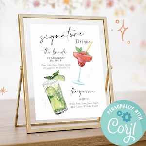 Wedding Signature Drinks Sign, Editable Bar Menu, Signature Cocktail Menu, Reception Drink Sign, Wedding Bar Sign Template