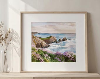 Hartland Quay Watercolour Print, North Devon Coastal Art, UK Seascape Printable, Ocean Cliff Painting, Instant Download Wall Art