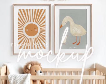Nursery art for Baby&#39;s room frames above crib Photography MOCKUP - Professional Product Templates Photoshoot - on white wall.