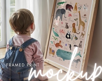 Nursery Frame mockup with baby, Frame template on floor, Wooden frame for kids Wall Art, Poster Frame mock-up for prints, PSD Photoshop