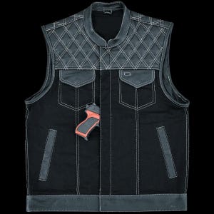 Men&#39;s Denim & Leather Motorcycle Vest with Conceal Carry Pockets and White Stitching, Denim Vest, Jacket for Men - Made to Order