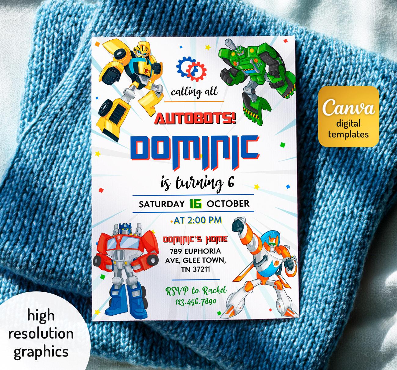 Printable Birthday Invitation, Autobots Boy Birthday Invite, Editable ...