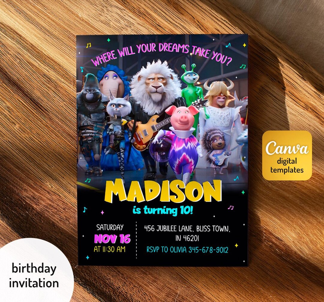 Editable Singer Invitation, Printable Sing 2 Birthday Invitation ...