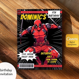 Editable Deadpool and Wolverine birthday invitation, Dead Pool superheroes party, printable invitation