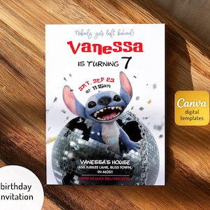 Invito modificabile stampabile Lilo e Stitch, invito per festa del film Stitch, modello di invito digitale per compleanno Stitch, compleanno bambina, compleanno bambino