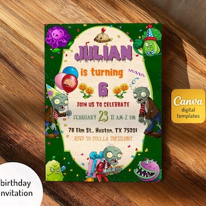 Invito di compleanno Plants vs Zombies, invito al gioco, modello di invito alla festa modificabile e stampabile, festa per giocatori, festa di Halloween