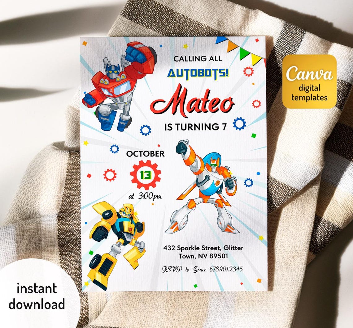 Printable Birthday Invitation, Autobots Boy Birthday Invite, Editable ...