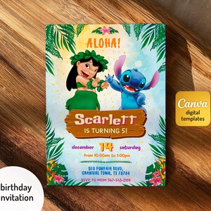 Invito stampabile modificabile Stitch, invito di compleanno Lilo e Stitch, modello di invito per festa Stitch, compleanno bambina, compleanno bambino