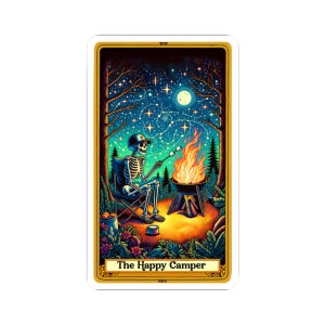 Carte de tarot autocollant thème camping vinyle Goth camping amoureux de la nature vinyle autocollant squelette gothique randonnée en plein air autocollant pour amateur d'Halloween