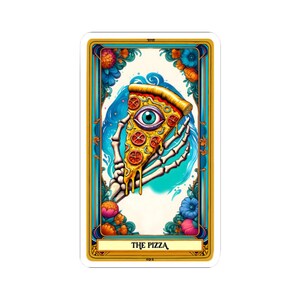 Pegatina divertida de la carta del tarot para amantes de la pizza, humor negro para adultos, vinilo para amantes de la comida, temática de Halloween, espeluznante carta del tarot, esqueleto de vinilo con ambiente gótico