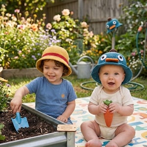 May include: Two children in a garden setting. One child wears a yellow and red crochet hat and a blue shirt, playing with a blue shovel in a metal planter. The other child wears a blue hat with a bird design and holds a crochet carrot.