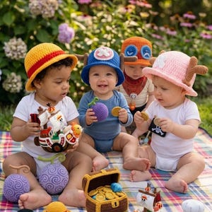 May include: Four infants wearing crocheted hats inspired by anime characters, including a yellow straw hat, a blue hat with antlers, an orange hat with goggles, and a pink hat with antlers, surrounded by crocheted toys like ships, coins, and fruit.