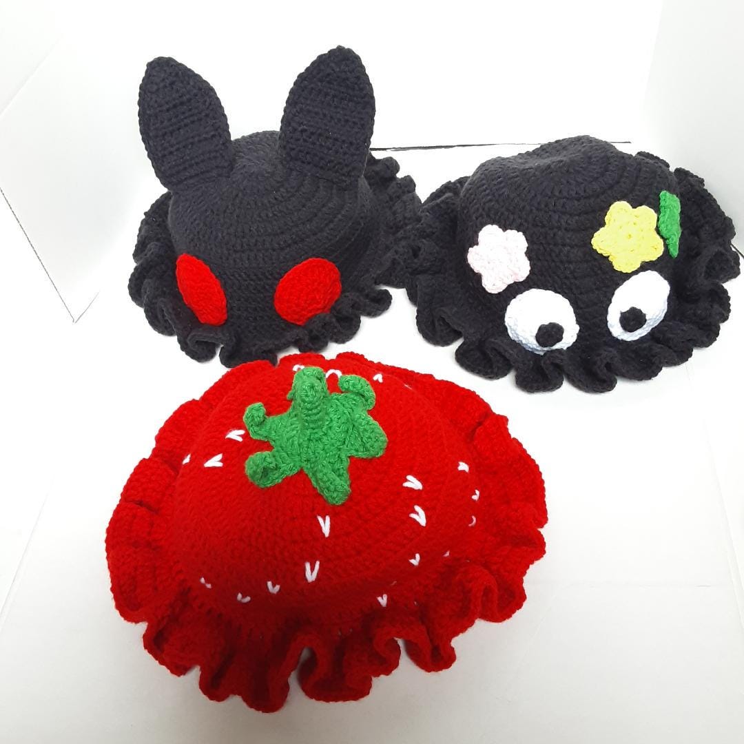Crochet Bucket Hat: Mothman, Soot Sprite, & Strawberry 