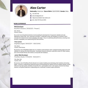 Peut inclure: Un modèle de CV avec une bordure violette, affichant le nom "Alex Carter" et une photo d'identité. Le document détaille l'expérience professionnelle, les coordonnées et est conçu pour un poste de développeur web. Le CV est de style moderne.