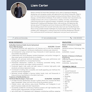 May include: A resume for Liam Carter, a full-stack web developer with experience in JavaScript, Python, and databases. The resume highlights his work experience, education, and technical skills, including PHP, Laravel, and Vue.js.