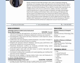 Modern Web Developer Resume Canva Resume Template Software Engineer CV Frontend & Backend ATS Compatible