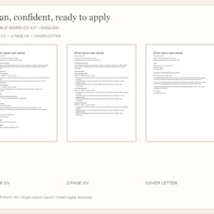 Może przedstawiać: Edytowalny zestaw CV w programie Word z układem jednokolumnowym. Zestaw zawiera szablon CV jednostronicowego, CV dwustronicowego oraz listu motywacyjnego. Dokumenty zawierają czarny tekst na białym tle z odpowiednimi etykietami opisowymi.