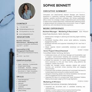 May include: A resume for Sophie Bennett, featuring her contact information, education, certifications, skills, and work experience. The resume includes a photo of Sophie and is formatted with a clean, professional design.