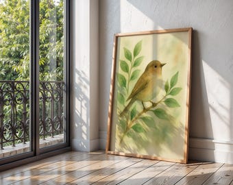 Impresión artística de aves en acuarela, decoración de pared botánica estilo cottagecore, ilustración de animales del bosque, arte imprimible de la naturaleza