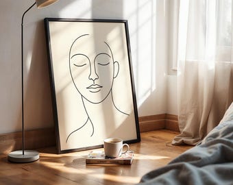 Minimalistische Linie Kunst Gesicht mit geschlossenen Augen, ruhiges Zen Porträt, moderne Wanddruck