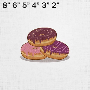 Puede incluir: Ilustración de tres donuts con glaseado rosa, morado y marrón oscuro. Los donuts están apilados. La imagen tiene el texto "8" 6" 5" 4" 3" 2"" en la parte superior.