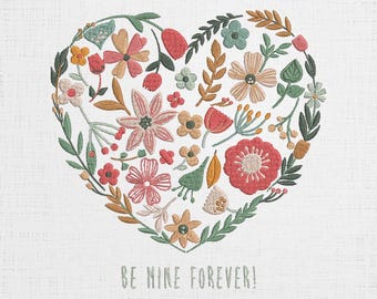 Floral Heart Embroidery Design: 'Be Mine' Love Quote (4 Sizes) (Digital Download)