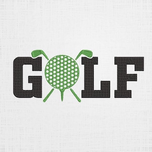 Puede incluir: Diseño bordado en negro y verde de la palabra "GOLF" con una bola de golf y dos palos de golf cruzados en el centro de la palabra.