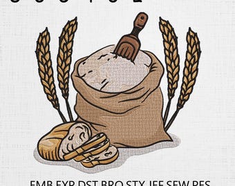 Bakery Embroidery Design: Flour Bag, Wheat & Bread (Machine File)
