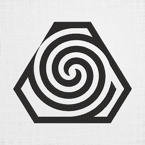 Może przedstawiać: Czarno-biały wzór geometryczny ze spiralnym wzorem wewnątrz sześciokąta.