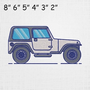 Può includere: Design ricamato di una Jeep grigio chiaro con tetto nero e finestre blu. Le ruote sono grigio scuro con dettagli blu. Il testo sopra la Jeep recita: 8", 6", 5", 4", 3", 2".