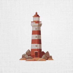 May include: A red and white striped lighthouse with a brown roof stands on a rocky shore. The lighthouse has a small door and a window.