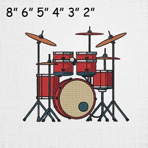 May include: Embroidered drum kit with red drums, tan drum heads, and bronze cymbals. The drum kit is set against a white background. The text "8" 6" 5" 4" 3" 2"" is at the top.